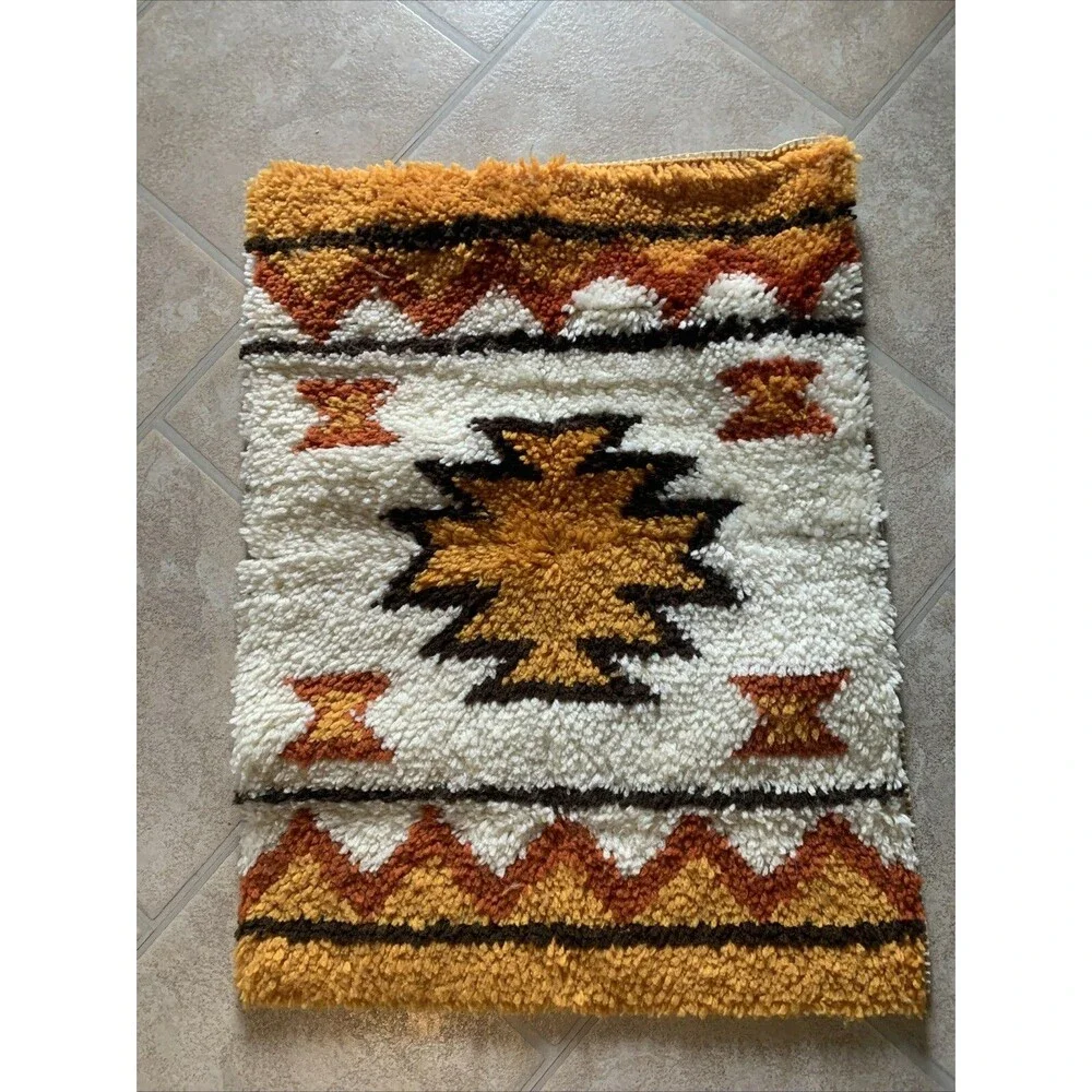 Vintage Southwest Aztec Hook Rug DIY Hand Crafted 24x19 Retro 1970s